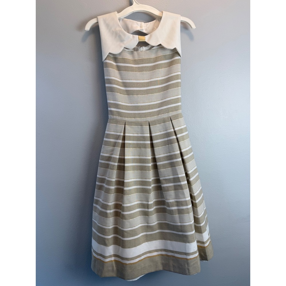 Bonnie Jean Girls Size 16 Tan White Gold Metallic Striped Scalloped Collar Dress